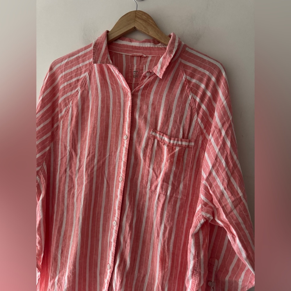 Aerie Linen Blend Coverup Shirt Pink and White Stripe Button Down - Picture 3 of 10